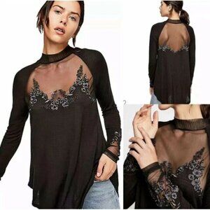 Free People Black Sheer Lace Long Sleeve Saheli Embroidered Mesh Top Women's S Y